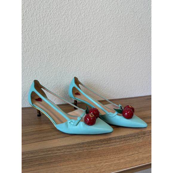 Gucci Cherry Embellished Blue Leather Heels Bamboo Kitten Heel Size 7 - Picture 1 of 3